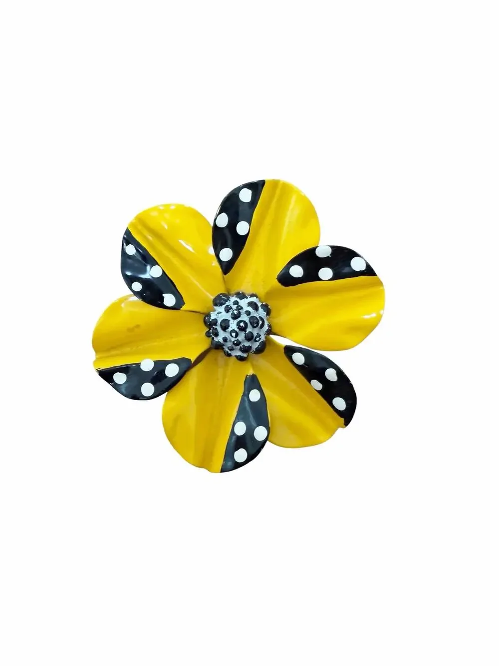 Vintage Yellow Polka Dot Metal Flower Brooch 3D Retro Hippy Groovy Mod 60s Pin